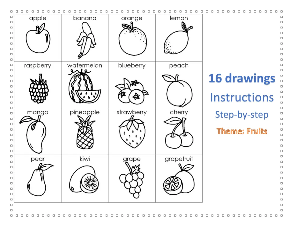 Cover of the fruit drawing resource showing 16 labeled examples, including apple, banana, orange and lemon