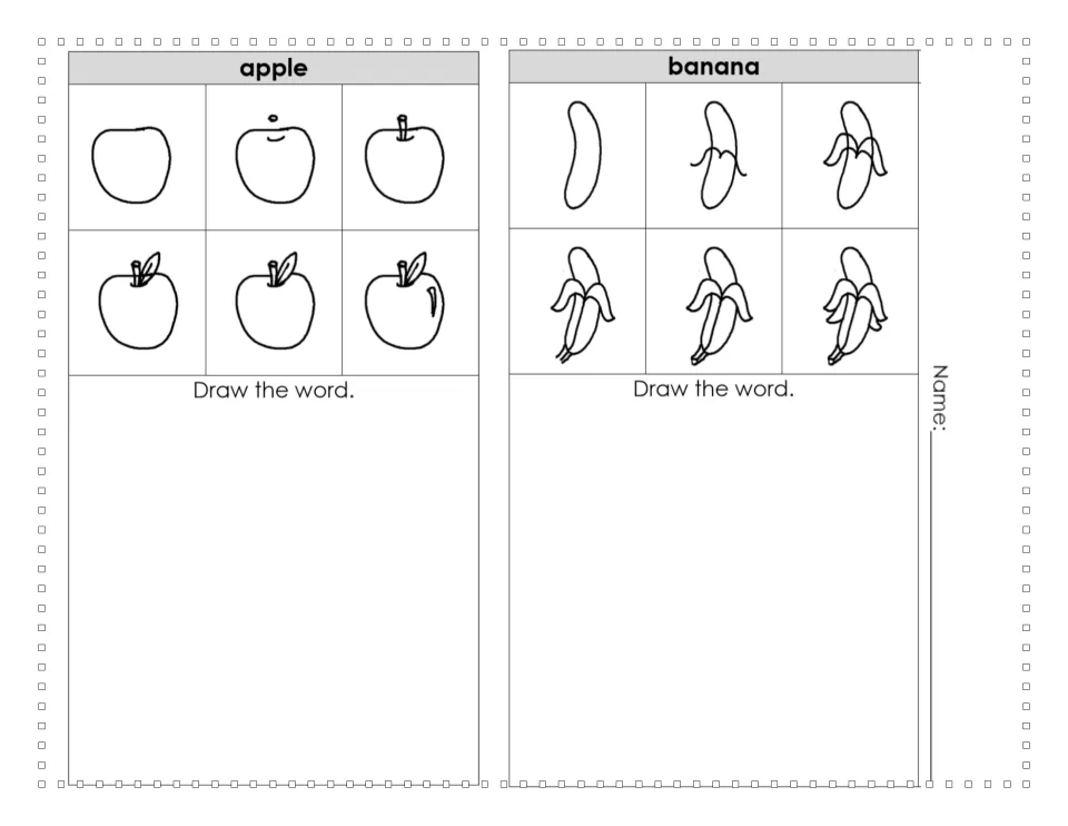 Fruit drawing practice for apple and banana, each shown in six steps with space below to draw the fruit