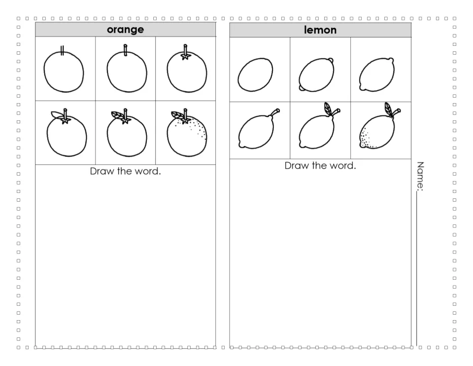 Fruit drawing practice for orange and lemon, each shown in six steps from basic shape to detailed fruit