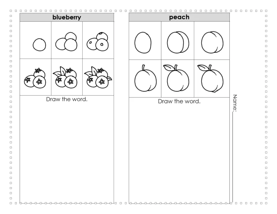 Fruit drawing practice for blueberry and peach, with six steps showing a berry cluster and a whole peach