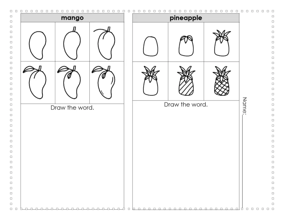 Fruit drawing practice for mango and pineapple in six steps each, adding leaves and pineapple skin details