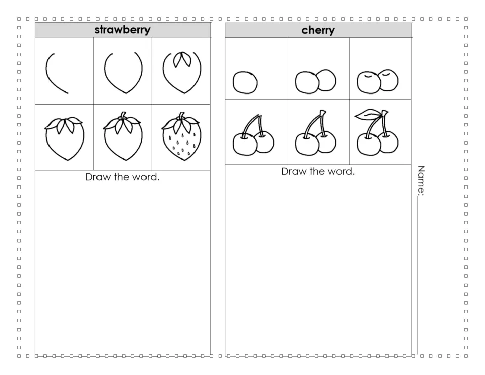 Fruit drawing practice for strawberry and cherry in six steps each, showing seeds and two joined cherries