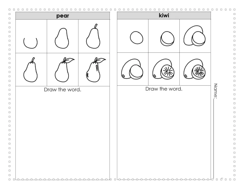 Fruit drawing practice for pear and kiwi, with six steps showing a whole pear and a kiwi beside a cut slice