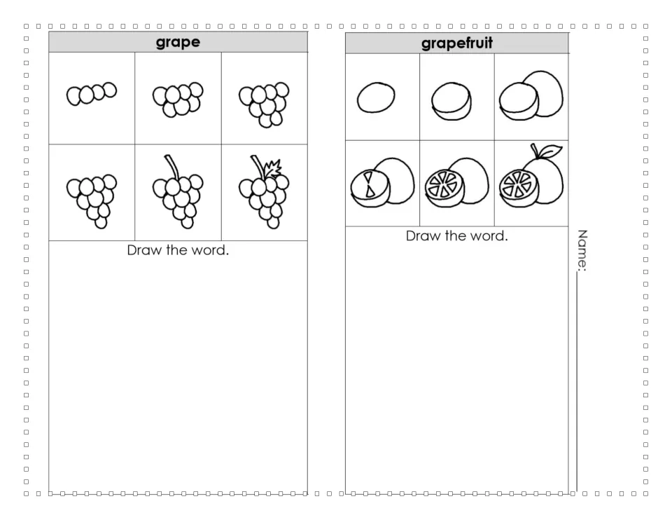 Fruit drawing practice for grape and grapefruit in six steps each, showing a grape bunch and sliced citrus