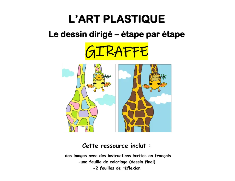 Giraffe directed drawing lesson in French, the cover, with two colored versions of an upside-down giraffe drawing