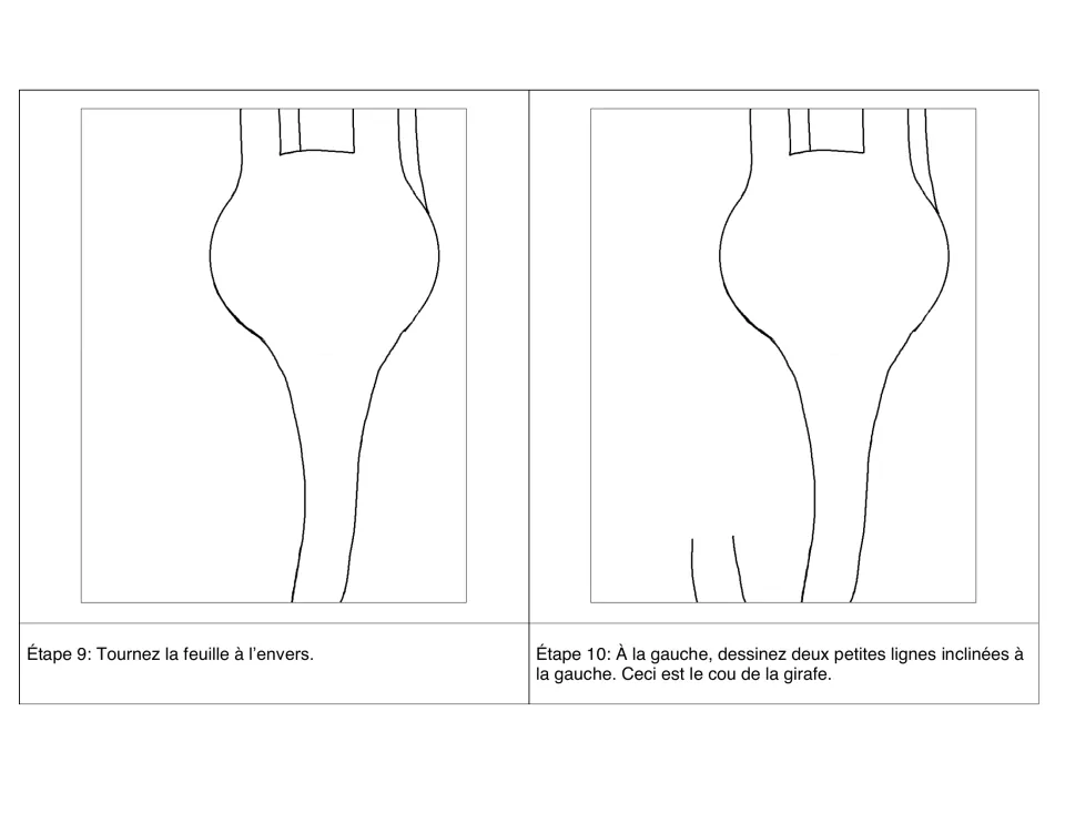Steps 9–10 in French: turn the sheet upside down, then draw two short slanted lines on the left for the neck