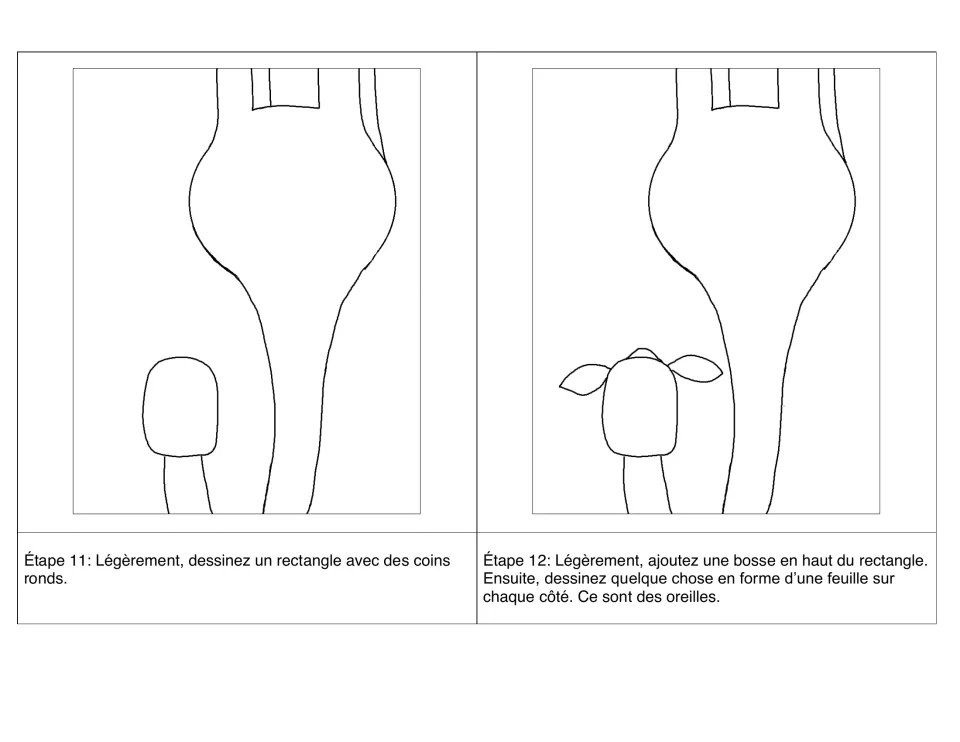 Steps 11–12 in French: a rectangle with rounded corners for the head, then a bump and leaf-shaped ears