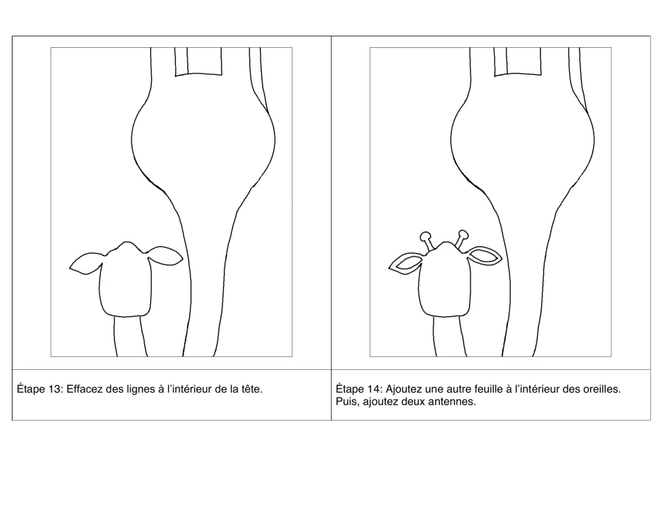 Steps 13–14 in French: erase lines inside the head, then add inner ear shapes and two horns, called antennes