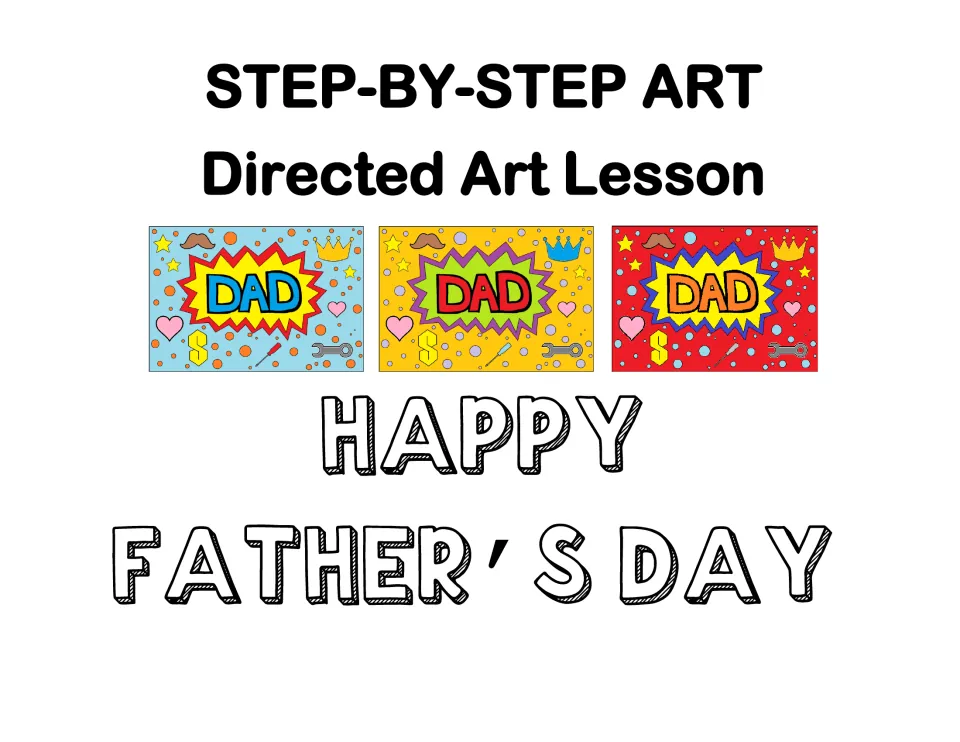 Happy Father's Day directed art lesson cover showing three colored DAD cards with burst bubbles, stars and a mustache