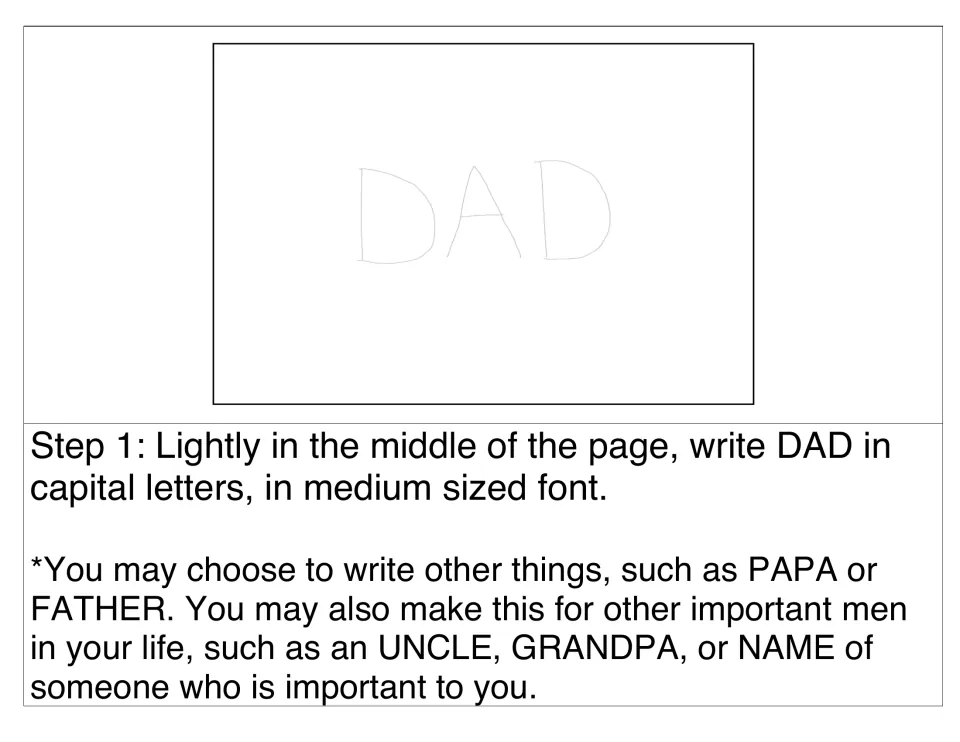 Step 1: students lightly write DAD in capital letters mid-page, or choose PAPA, FATHER, GRANDPA, UNCLE or a name