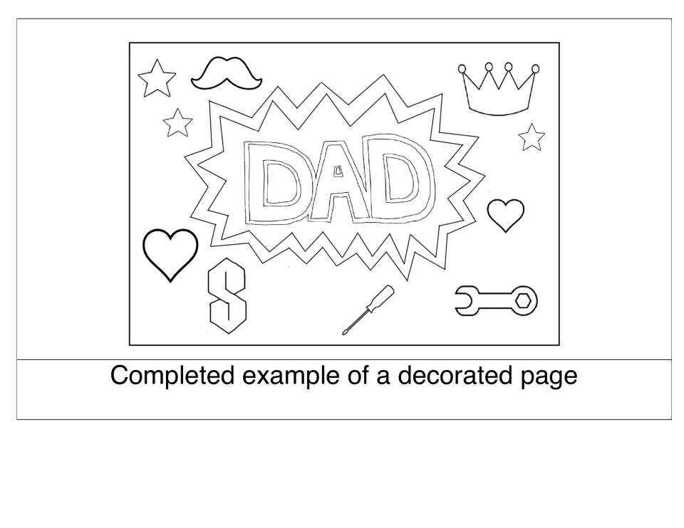 Completed example: DAD in a burst bubble surrounded by stars, hearts, a crown, a mustache, a screwdriver and a wrench