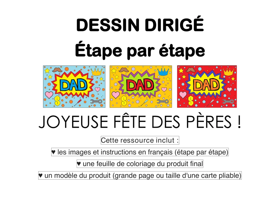 Father's Day directed drawing cover, 'Joyeuse fête des pères !', with three colored DAD comic-burst samples