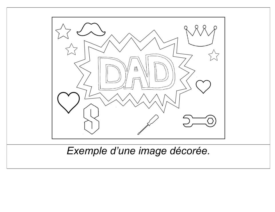 Finished example, 'Exemple d'une image décorée': DAD burst with stars, crown, mustache, hearts, S and tools