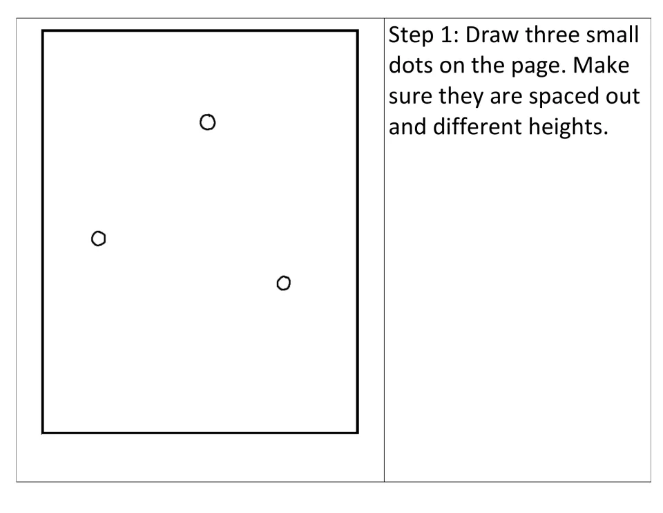 Dandelion drawing step 1: students draw three small dots spaced apart at different heights to place the flower heads