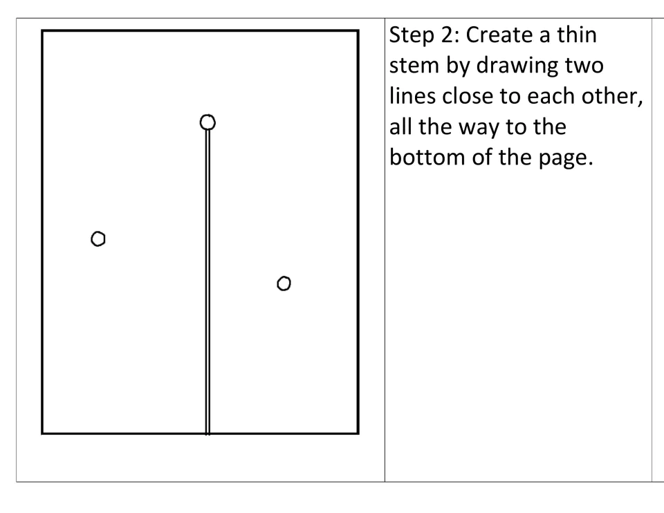 Dandelion drawing step 2: students draw a thin stem of two close parallel lines from the top dot down to the page bottom