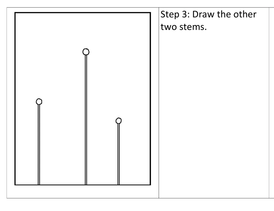 Dandelion drawing step 3: students add stems under the other two dots so all three flowers stand at different heights