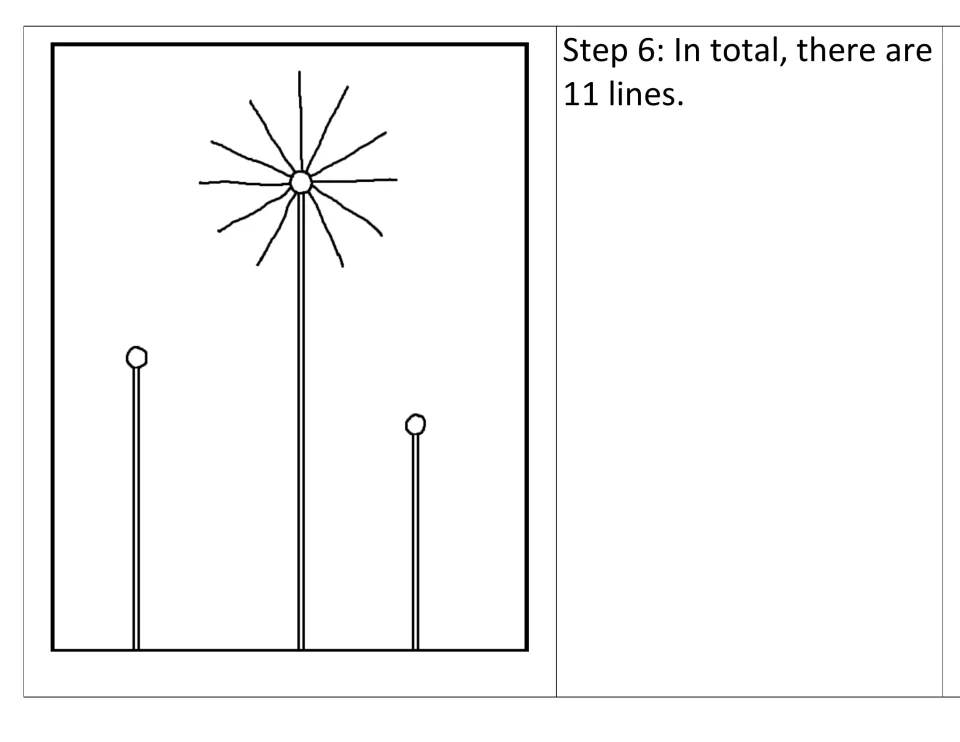 Dandelion drawing step 6: the finished seed head shows 11 strokes radiating from the center of the tallest flower