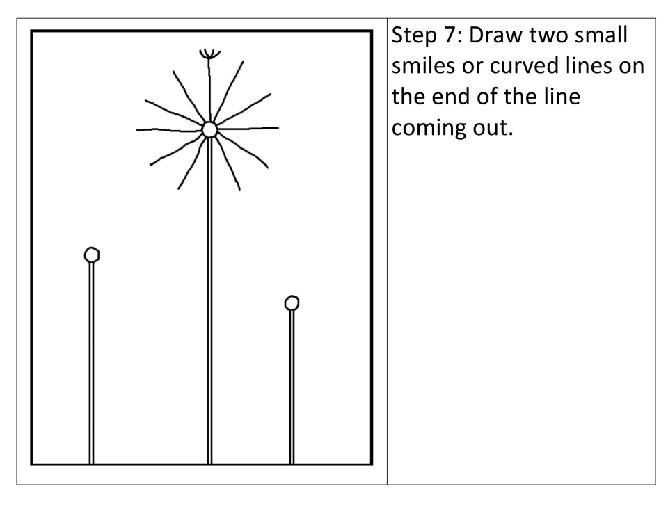Dandelion drawing step 7: students draw two small smiles or curves at the tip of a seed stroke to shape the seed end