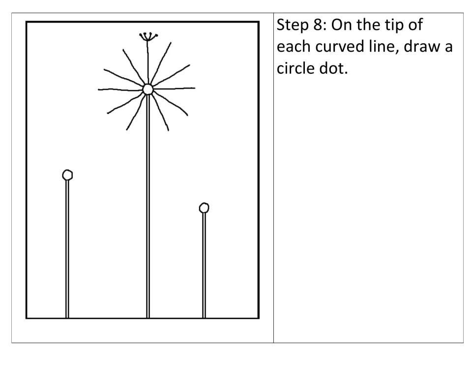 Dandelion drawing step 8: students draw a small circle dot on the tip of each curved line to finish the seed detail