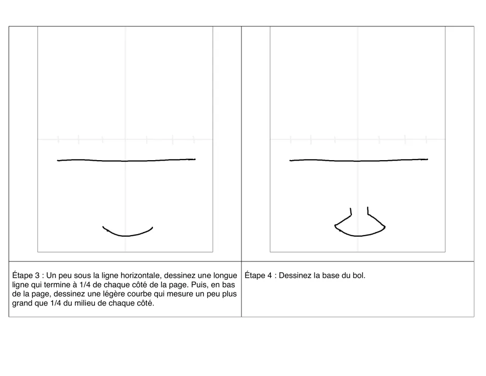 Steps 3–4 in French: draw the bowl's rim line and bottom curve, then the base of the bowl (la base du bol)