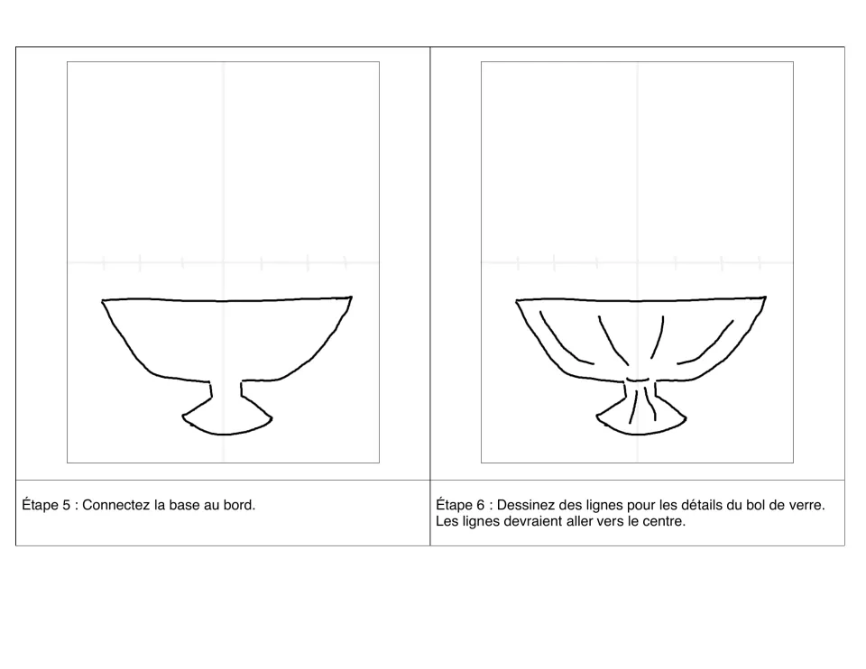 Steps 5–6 in French: connect the base to the rim (le bord), then add lines for the glass bowl's details