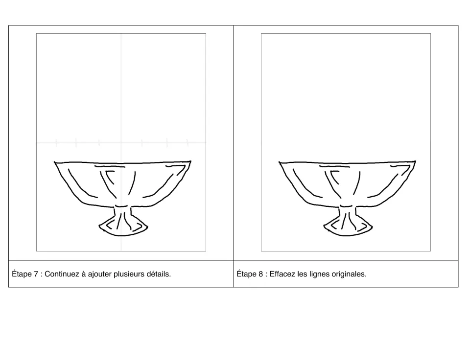 Steps 7–8 in French: keep adding details to the bowl, then erase the original guidelines (les lignes originales)