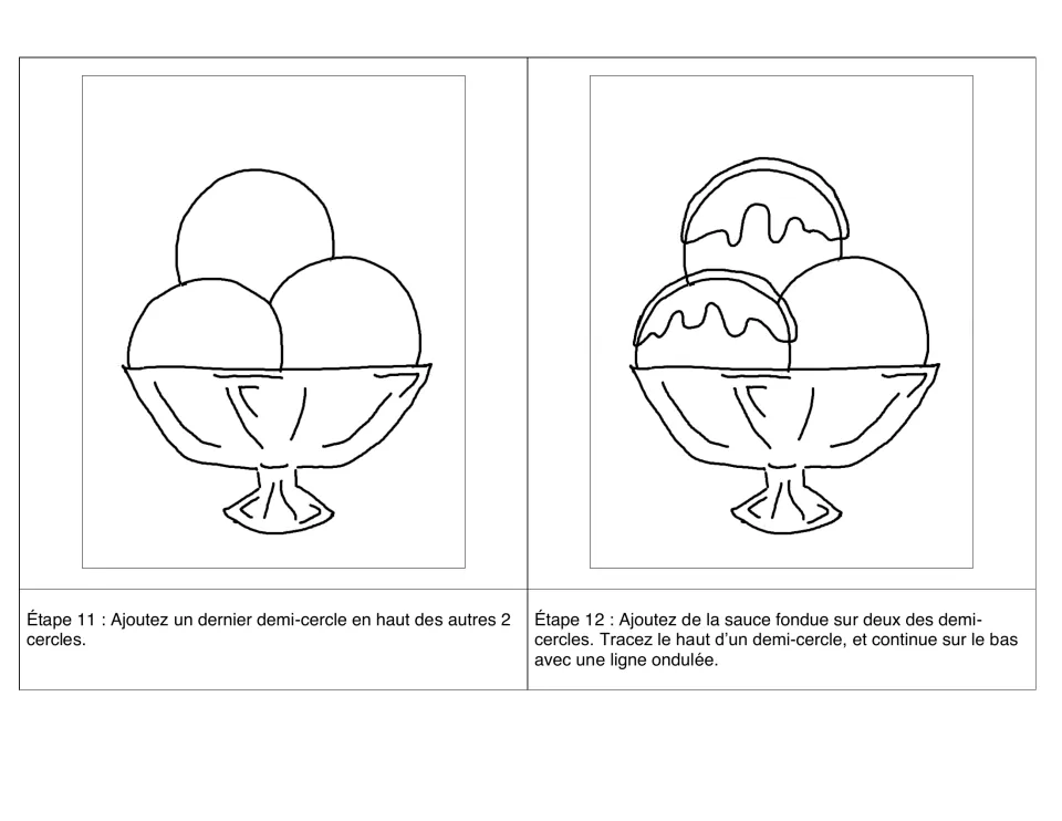 Steps 11–12 in French: add a top half circle, then melted sauce (la sauce fondue) with a wavy line on two scoops