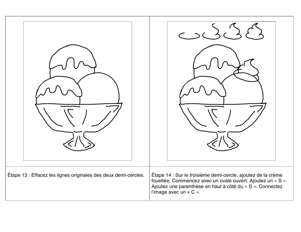 Steps 13–14 in French: erase original lines, then add whipped cream (la crème fouettée) on the third scoop