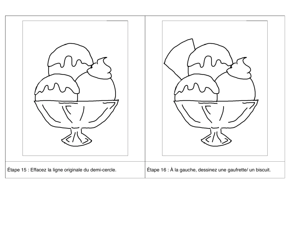 Steps 15–16 in French: erase the third scoop's original line, then draw a wafer cookie (une gaufrette) on the left