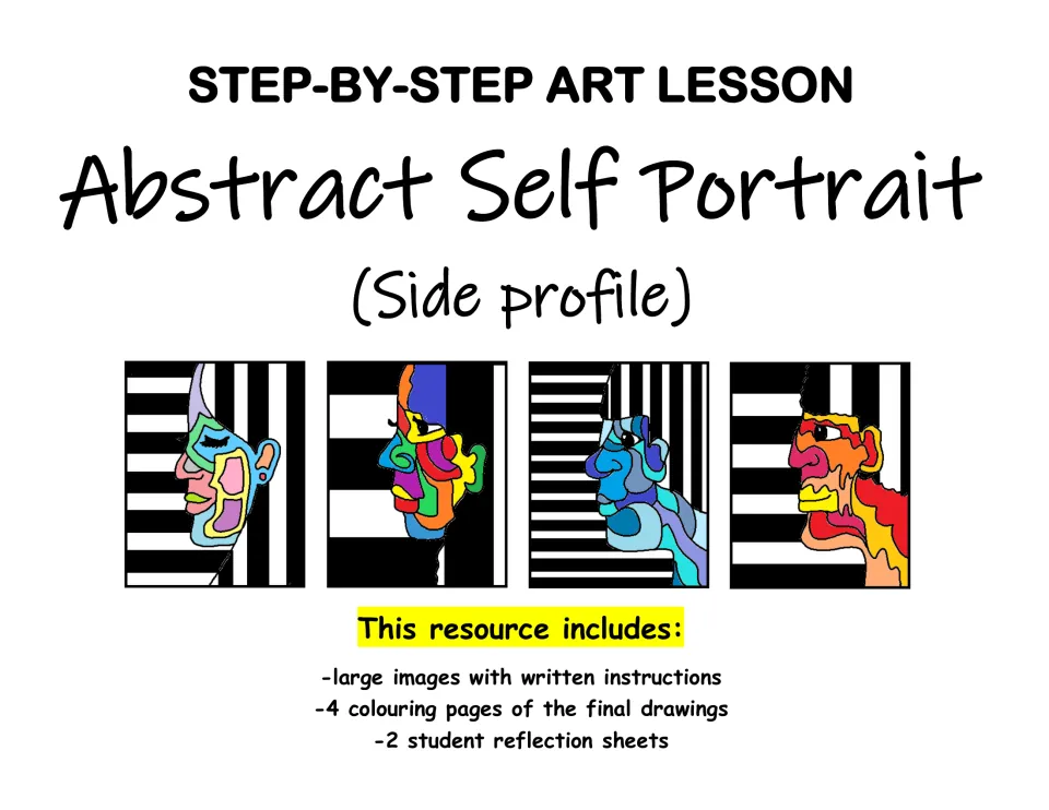Step-By-Step Art Lesson: Abstract Self Portrait (side profile) cover, four striped finished portraits, contents list