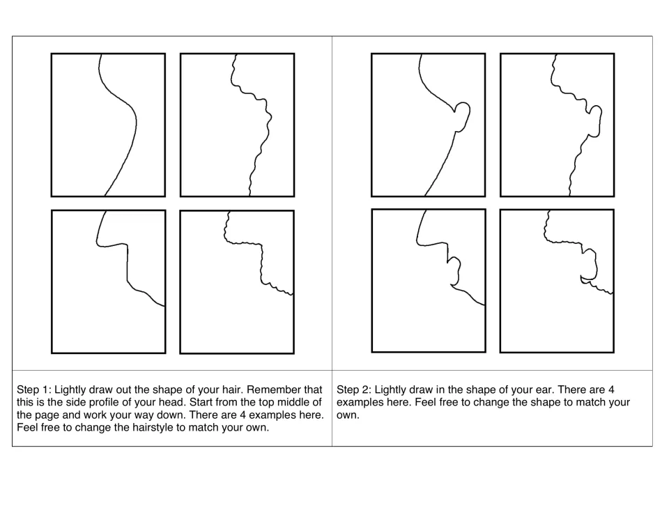 Steps 1 and 2 of a side-profile drawing: students sketch their hair outline, then add an ear, with four examples of each