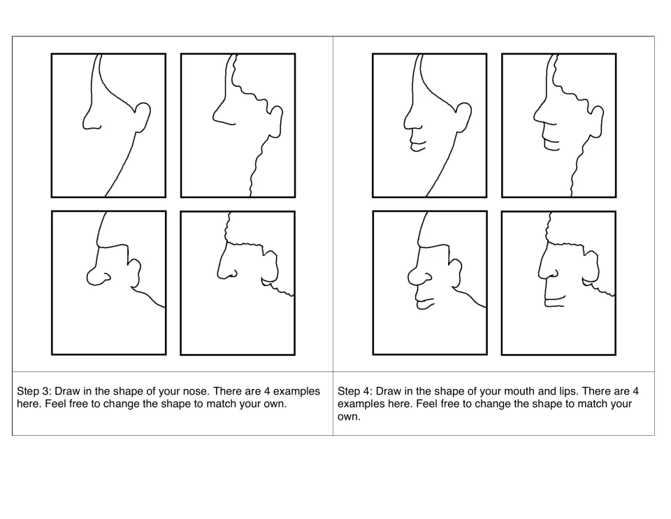 Steps 3 and 4 of the profile: students draw a nose, then mouth and lips, choosing from four examples or their own shape