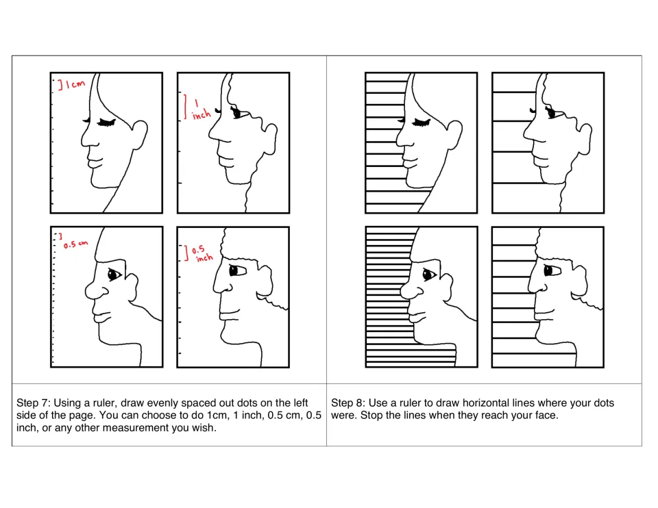 Steps 7 and 8: students mark evenly spaced dots with a ruler down the left side, then rule horizontal background lines