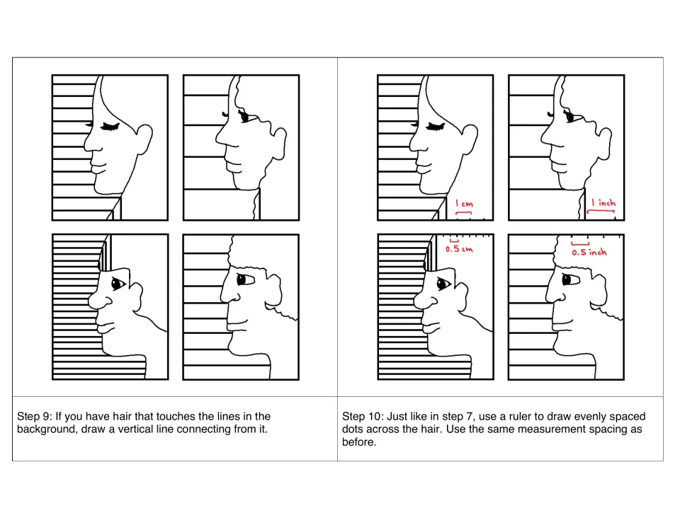 Steps 9 and 10: students draw a vertical line where hair meets the background stripes, then measure dots across the hair