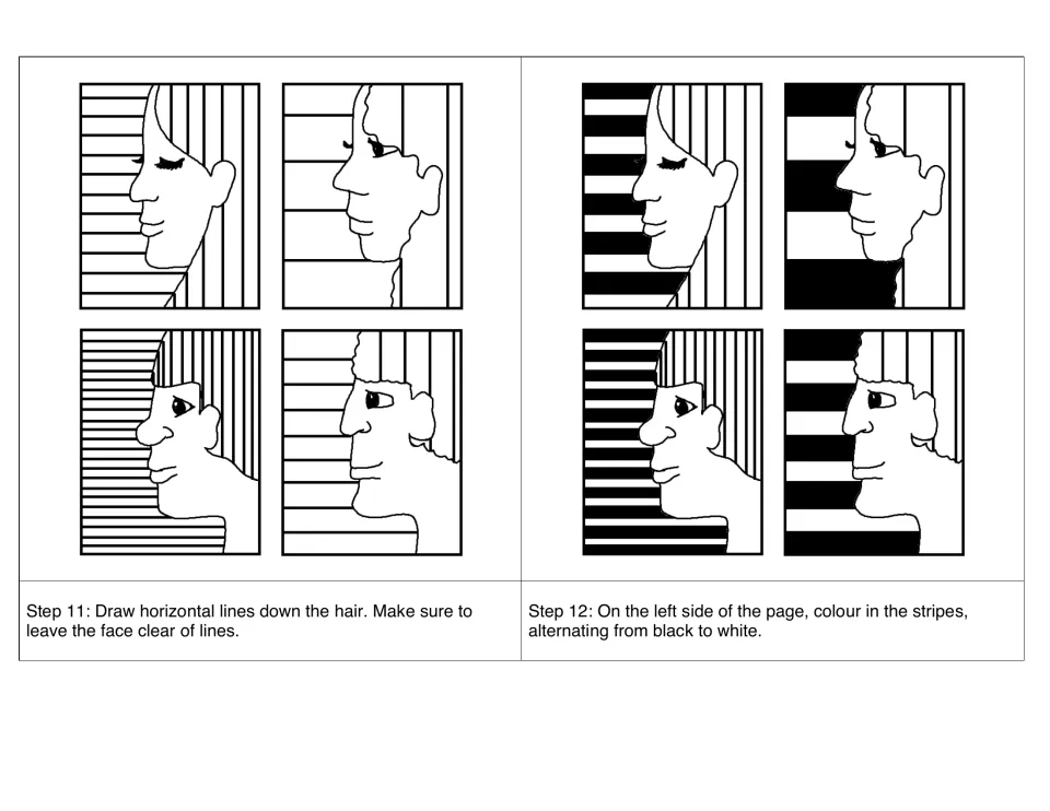 Steps 11 and 12: students rule lines down the hair, keeping the face clear, then colour background stripes black and white