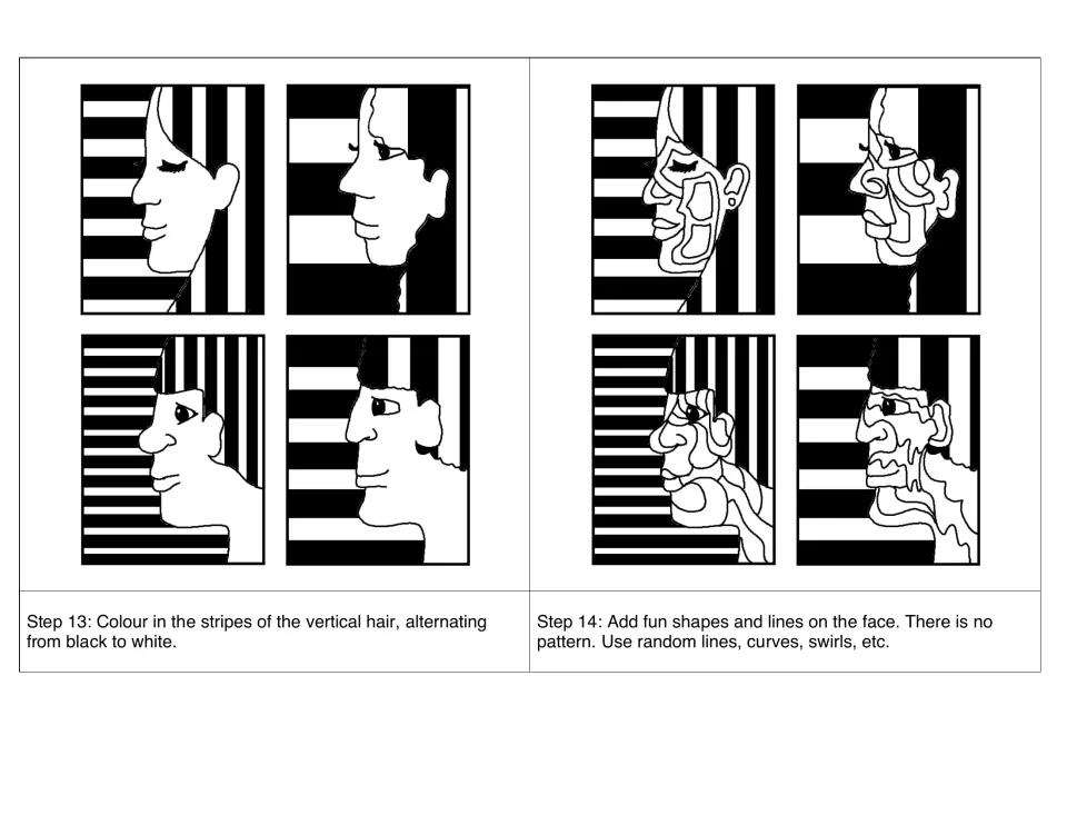 Steps 13 and 14: students fill the hair stripes black and white, then add random lines, curves and swirls across the face