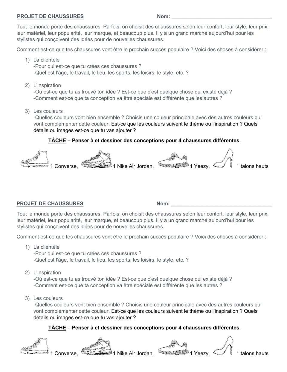 Projet de chaussures brief in French: students consider clientèle, inspiration and couleurs, then design 4 shoes