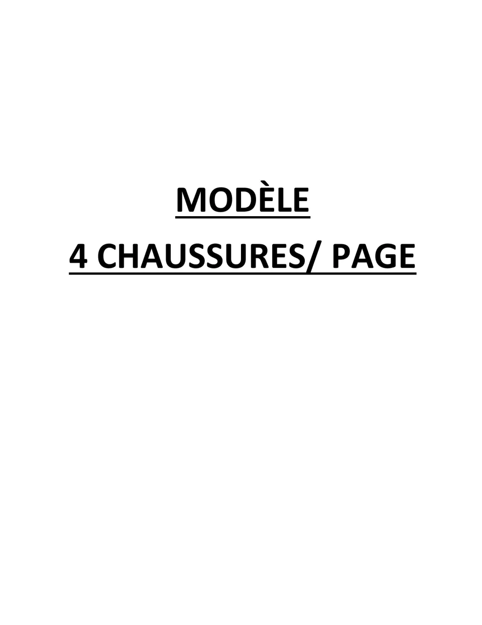 Divider titled Modèle, 4 chaussures par page, introducing the sketch pages that hold four shoe drawings per sheet