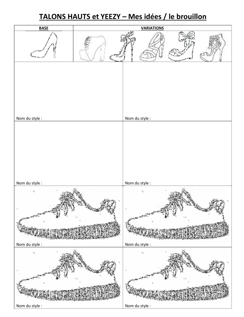 Talons hauts and Yeezy draft sheet: students design high-heel variations from a base shoe and name each style