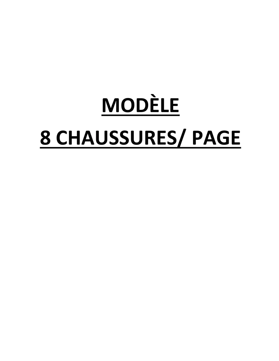 Divider titled Modèle, 8 chaussures par page, introducing the sketch pages that hold eight drawings of one shoe