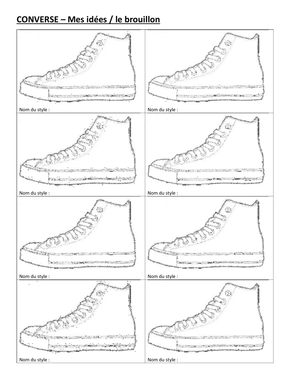 Converse draft sheet: students customize eight high-top outlines with new designs and write a Nom du style for each