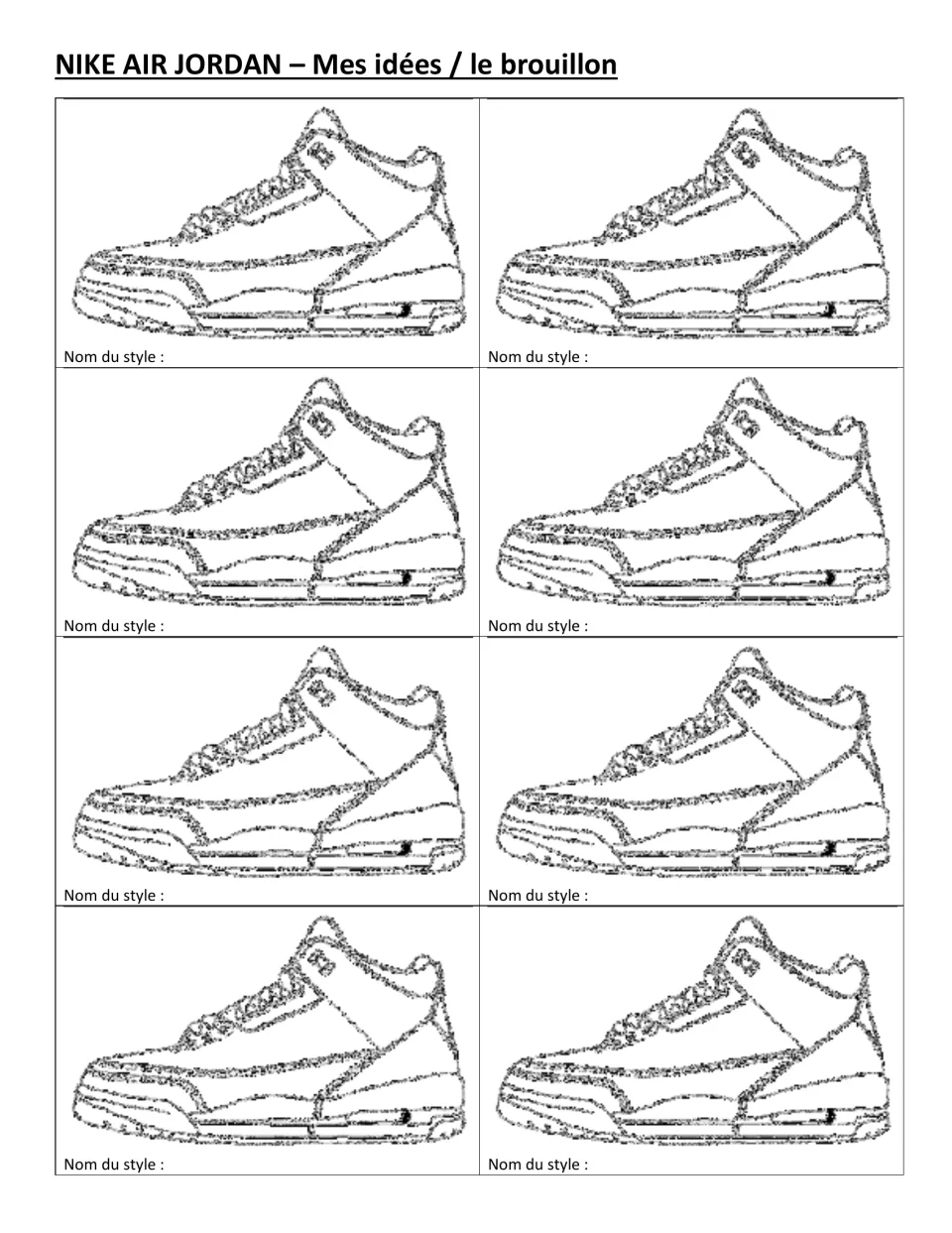 Nike Air Jordan draft sheet: students customize eight sneaker outlines with new designs and name each style