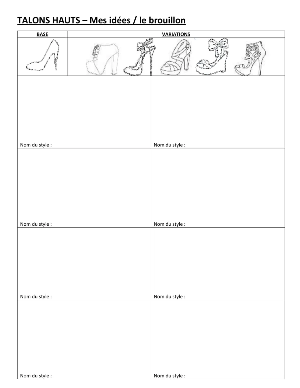 Talons hauts draft sheet: students design eight high-heel styles from a base shoe and variations, naming each one