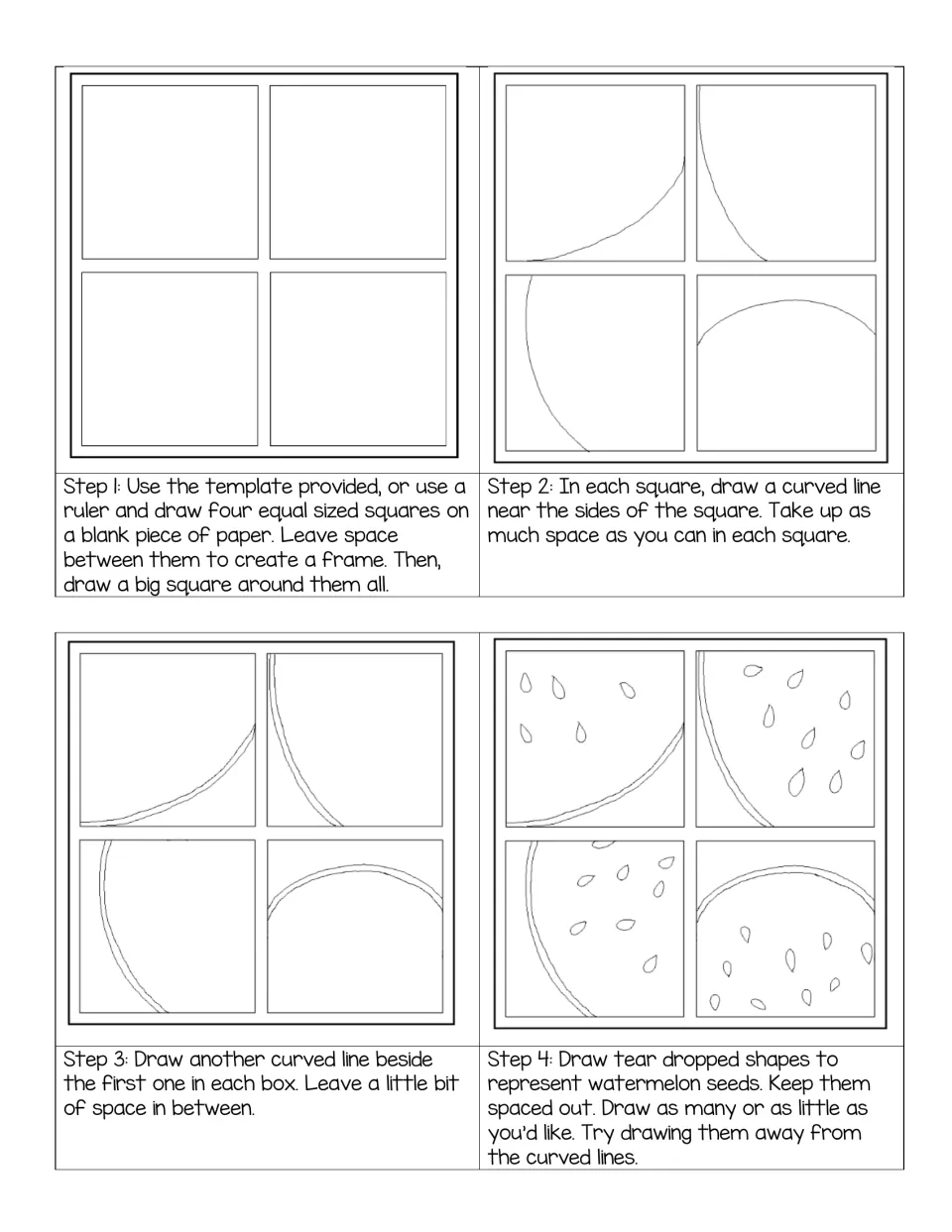 Watermelon drawing steps 1-4: set up four squares, draw a curved rind line in each, add a second line, then teardrop seeds