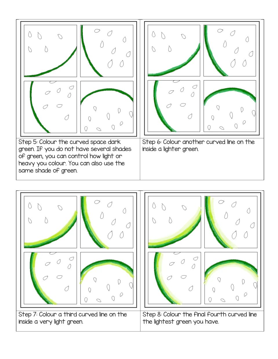 Steps 5-8 colouring the watermelon rind: students shade the curved bands from dark green to the lightest green they have