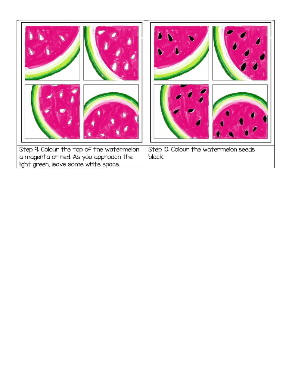 Steps 9-10 colouring: students fill the flesh magenta or red, leaving white near the rind, then colour the seeds black