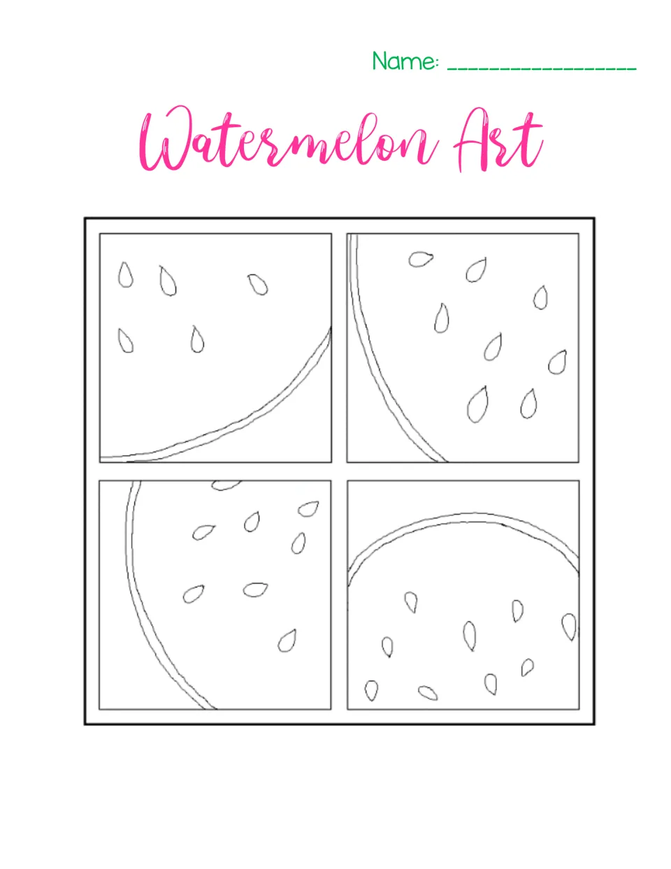 Watermelon Art colouring page: the finished line drawing of four slices with rinds and seeds, ready to colour