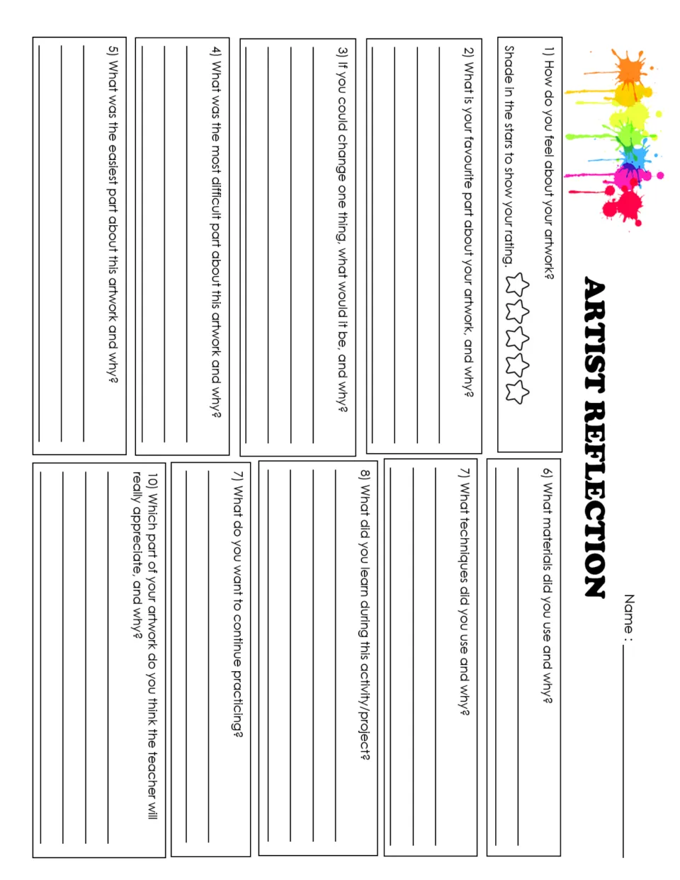 Artist Reflection questions: students rate their artwork in stars and answer questions on materials, techniques, learning