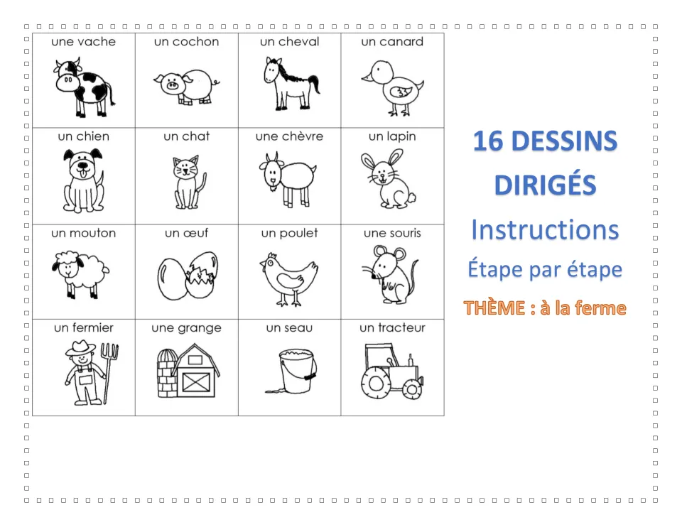16 Dessins dirigés cover, theme à la ferme: 16 labeled French farm drawings from une vache and un cochon to un tracteur