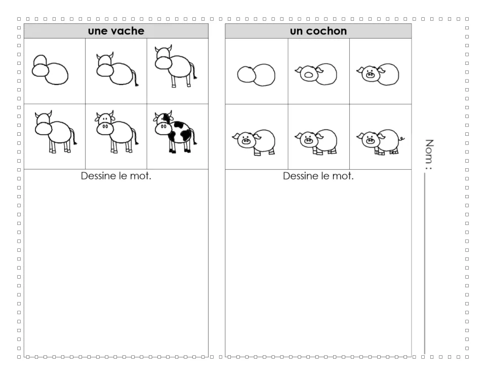 Une vache and un cochon: students copy six stages for the cow and the pig, then follow Dessine le mot to draw each word